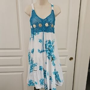 Beautiful Blue Crochet-Top Floral Sundress 100% Cotton. Size S/M